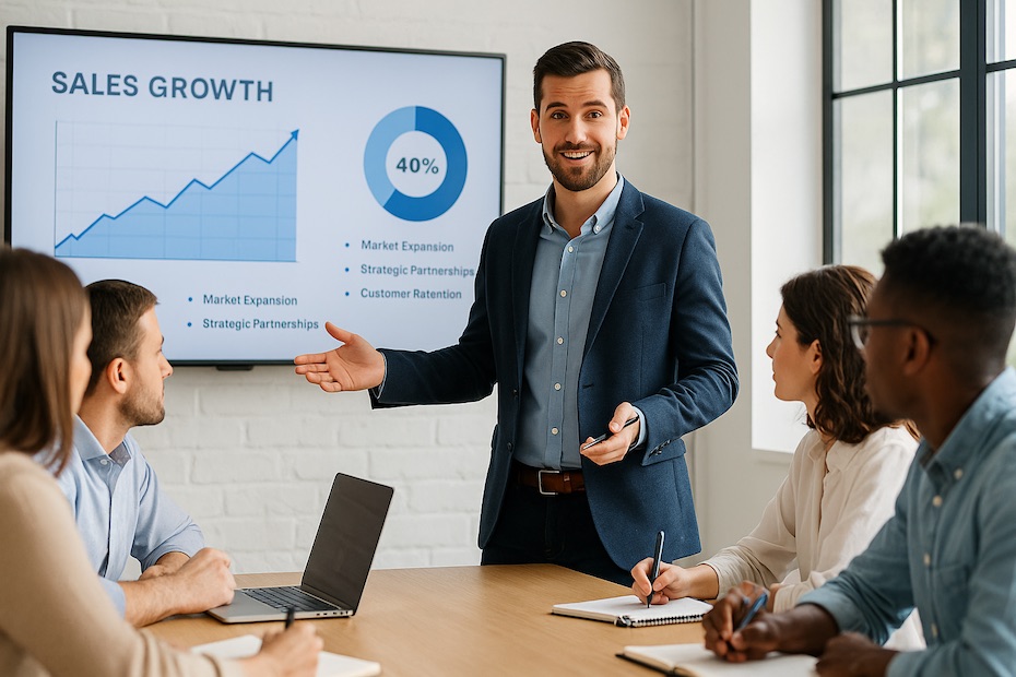 Startup founder pitching confidently to partners with visual aids
